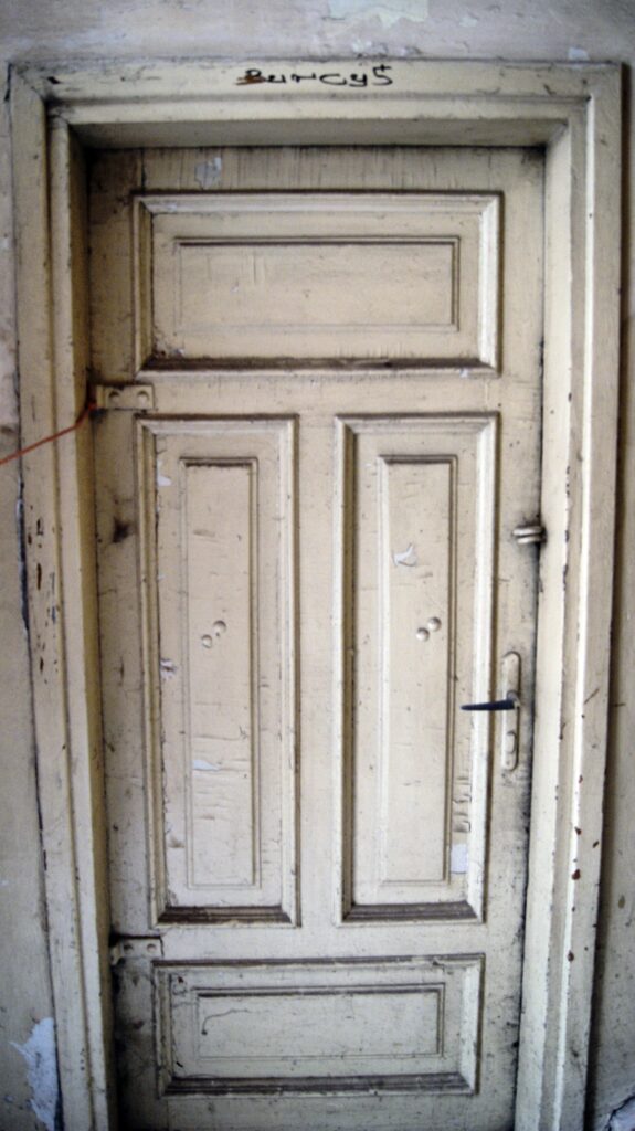 Drzwi na klatce schodowej skrzydła od strony ulicy Wilczej. Fot. Monika Wesołowska, 2020, źródło: lapidarium detalu.