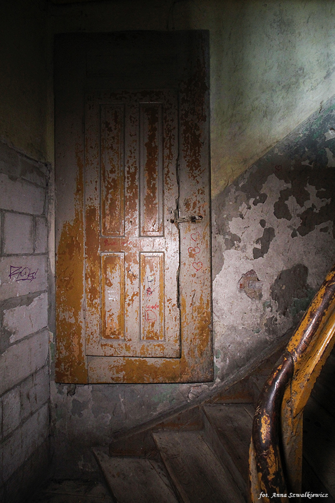 Drzwi do składziku (?), klatka schodowa w oficynie. Fot. Anna Szwałkiewicz, 2020, źródło: lapidarium detalu.