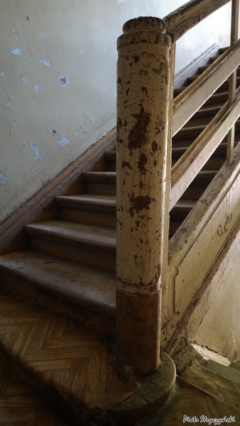 Dekoracyjnie zdobiony drewniany słupek z szeroką stopnicą na płn-zach klatce schodowej, źródło: zabytek.co